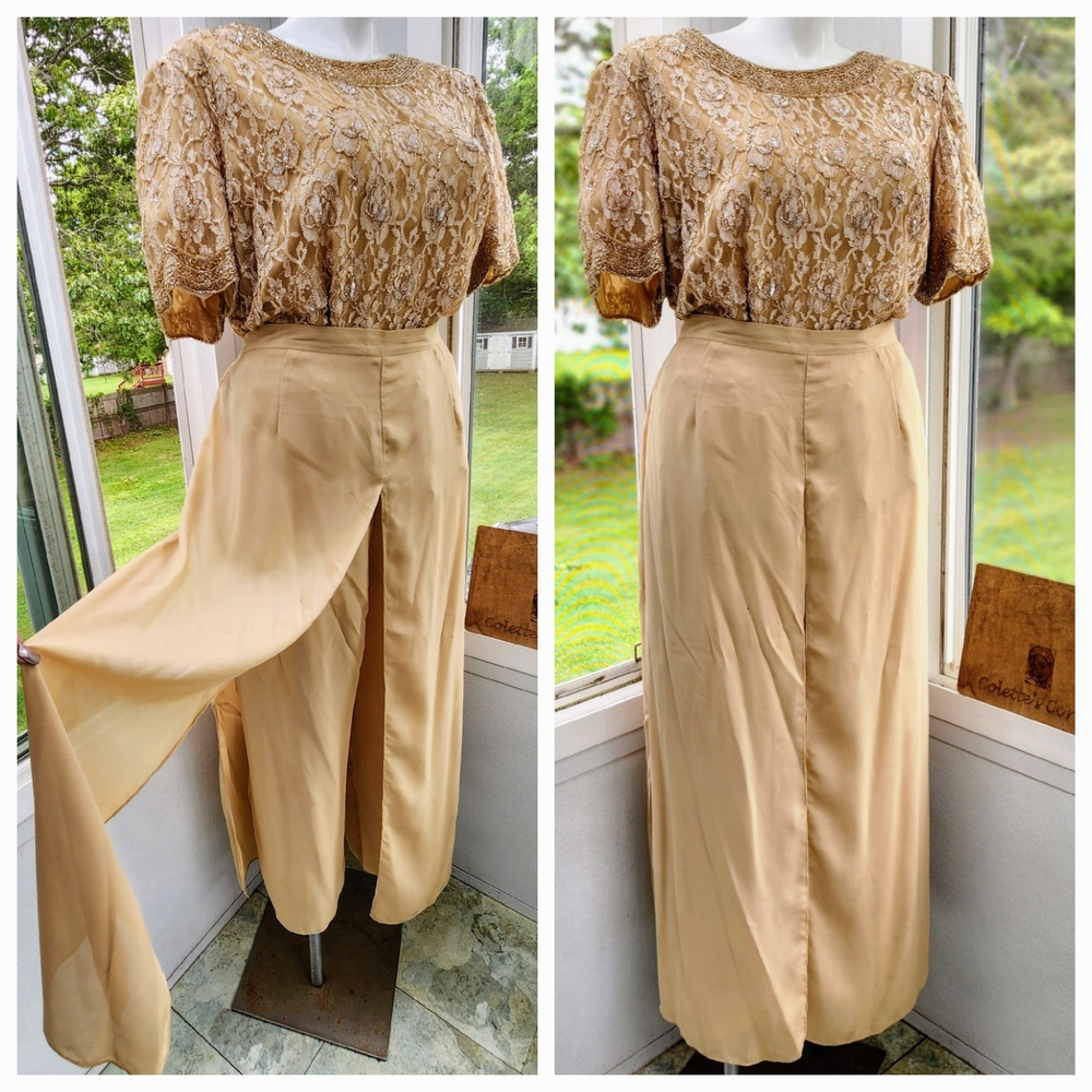 Gold Wide Leg Palazzo Pants W/ Flowing Skirt Panel  Overlay